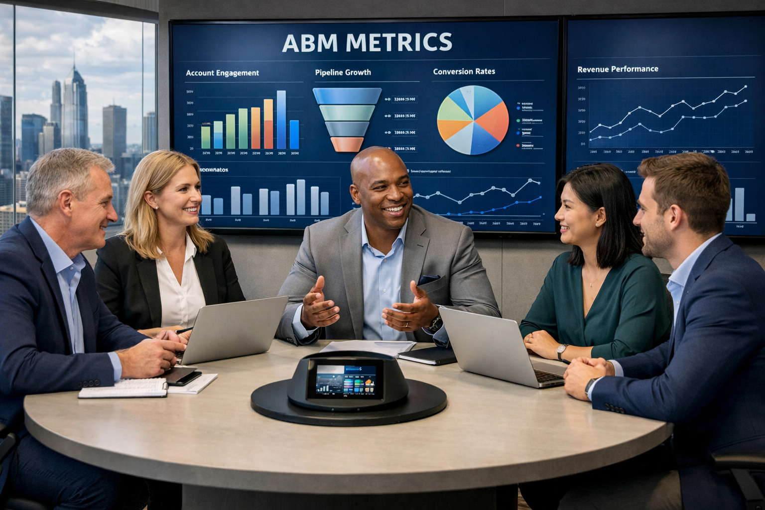 Business meeting with data insights