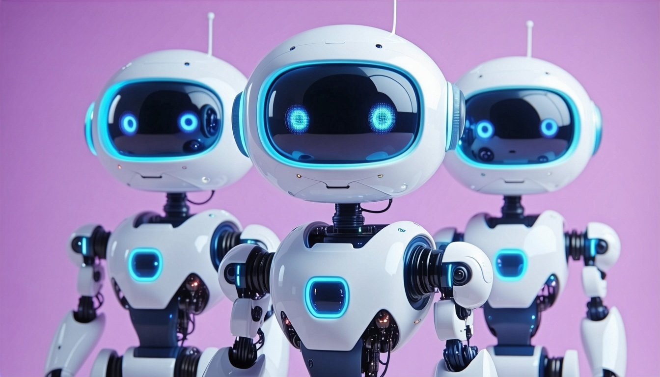 Create a photorealistic image of a team of creative marketing bots agents Use purple light blue and teal colors-1