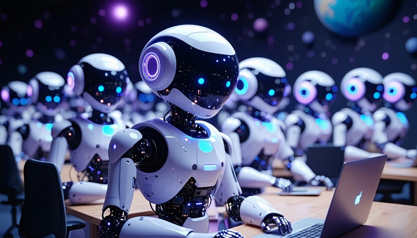 Create a photorealistic image of a team of smart SDR sales bots agents at desks Use purple light blue and teal colors Dark outer space background