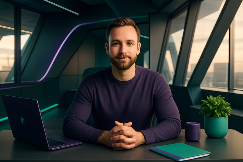 In a modern futuristic office space a man sits at his sleek modern desk exuding confidence as he gazes directly into the camera The warm ambiance is a-1