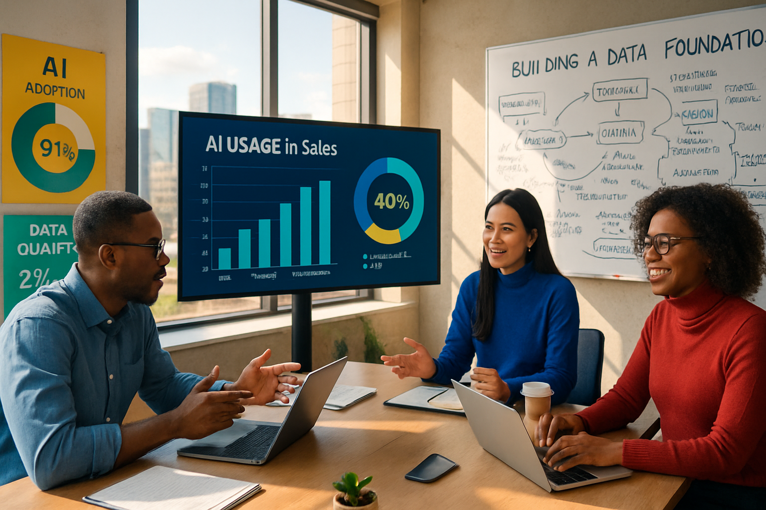 In a vibrant modern workspace a diverse group of professionalstwo men and two womengathers around a sleek hightech table deeply engaged in discussions-1