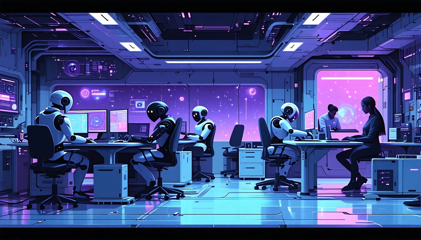Minimalistic Clipart Image of a innovation modern future space work station office environment with robots and people working together at their desks Use black dark purple light blue and teal colors