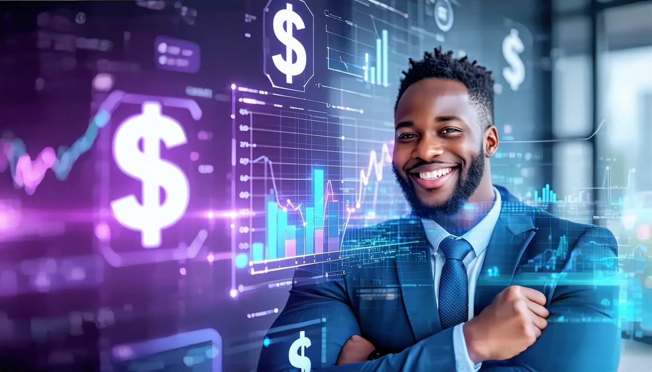 Photorealistic image of a happy Sales Leader with a digital art border overlay of data and dollar symbols Use purple light blue and teal as hues or accent colors-1