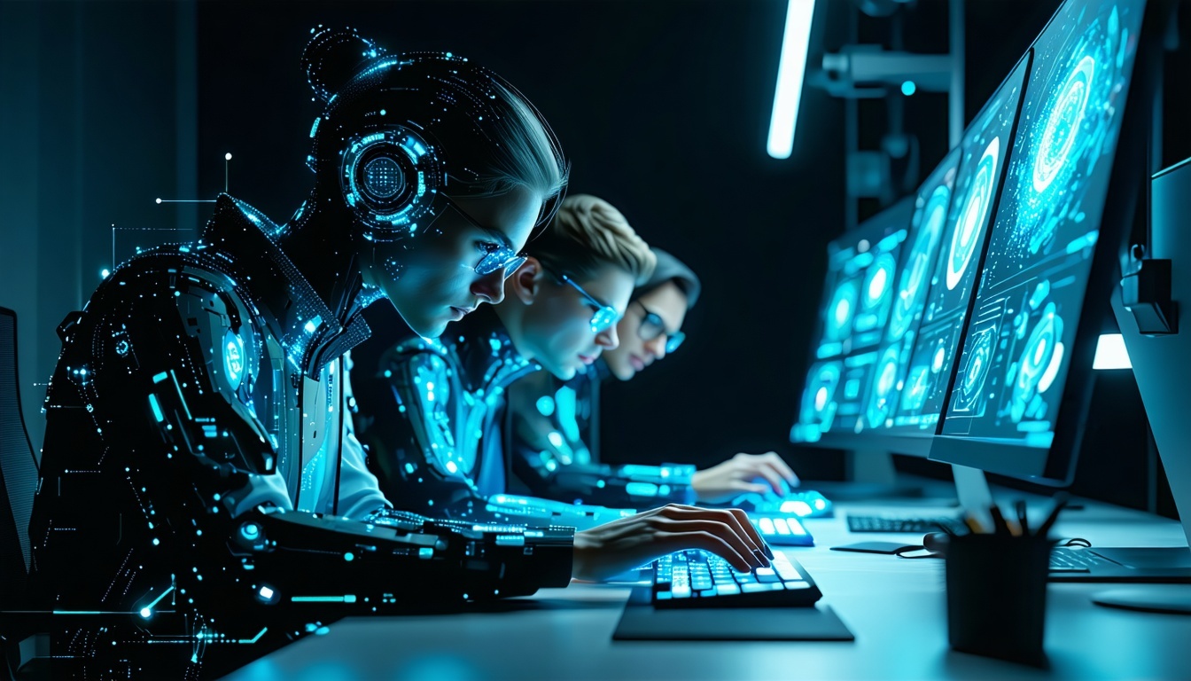 Photorealistic image of a smart team of people software engineers using AI Use colors black light blue and teal as accents Image to be placed more on the right side and the left side of the image should be a dark teal or black background