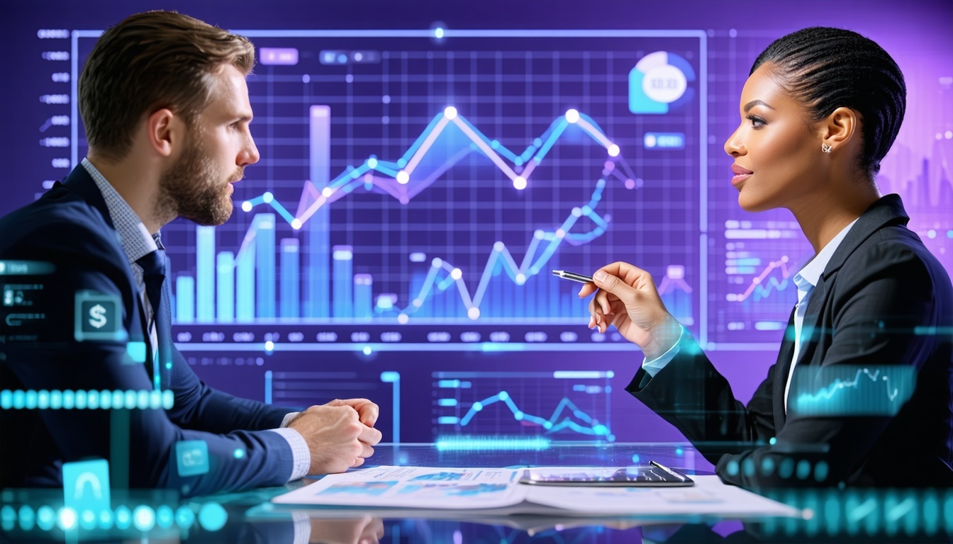 Photorealistic image of two sales people discussing growth strategies and running a data analysis of where they can win Use colors purple light blue and teal as hues or accents-3