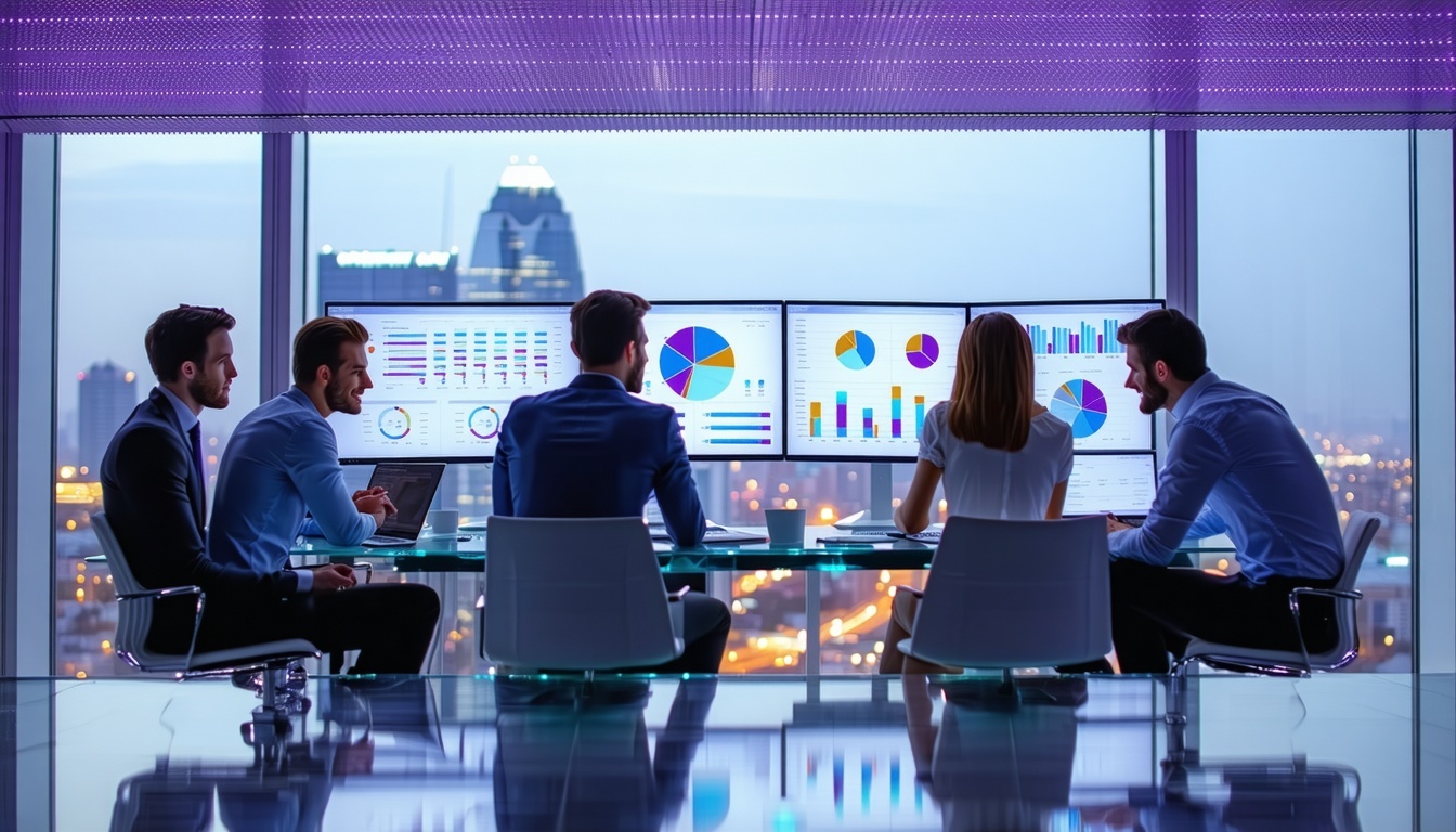 Sales Team in office high rise building discussing data and growing company revenue Use purple light blue and teal as hues or accent colors-1