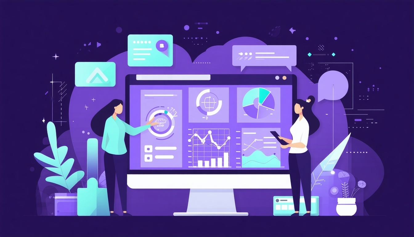 Sales and Marketing Team working together smart using data and insights Make photorealistic and add shades and hues of purple light blue and teal accent colors-1