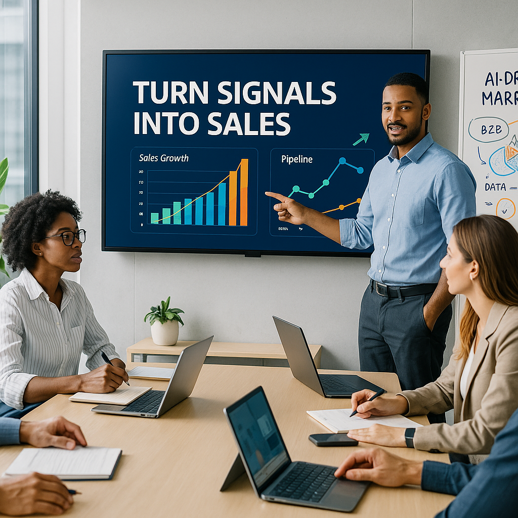 The image showcases a sleek modern office environment with a diverse group of professionals engaged in a collaborative brainstorming session A large digital screen displays vibrant charts and graphs illustrating impressive sales growth and pipeline m-1