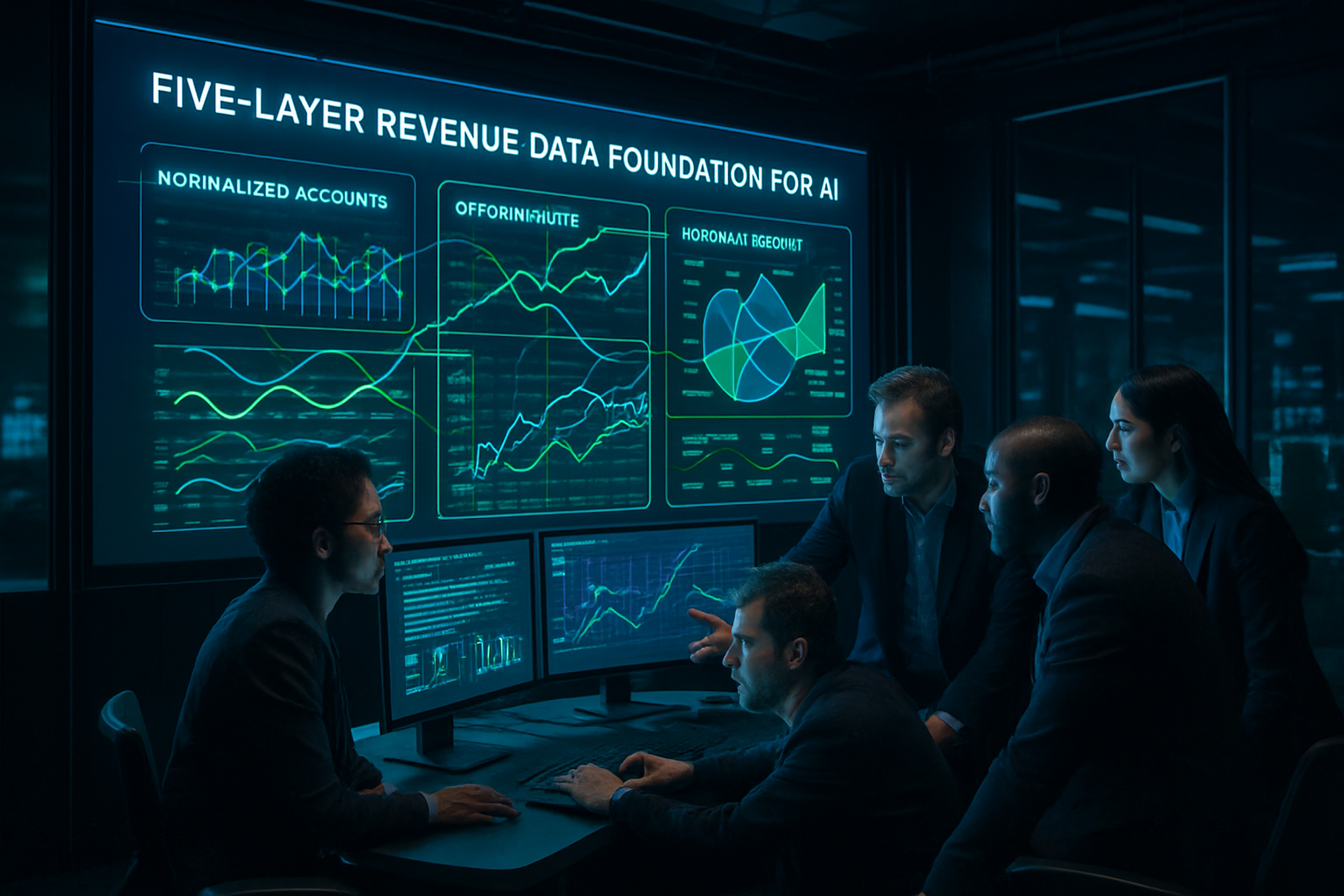 photographic Envision a sleek futuristic control room dedicated to a FiveLayer Revenue Data Foundation for AI The central command hub is alive with gl-3