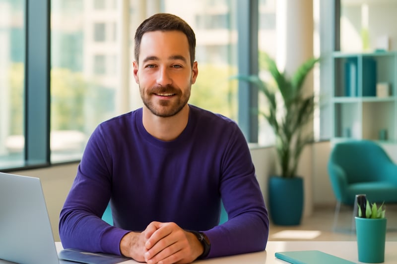photographic In a bright inviting modern futuristic office space a man sits at his sleek desk exuding confidence as he gazes directly into the camera-1
