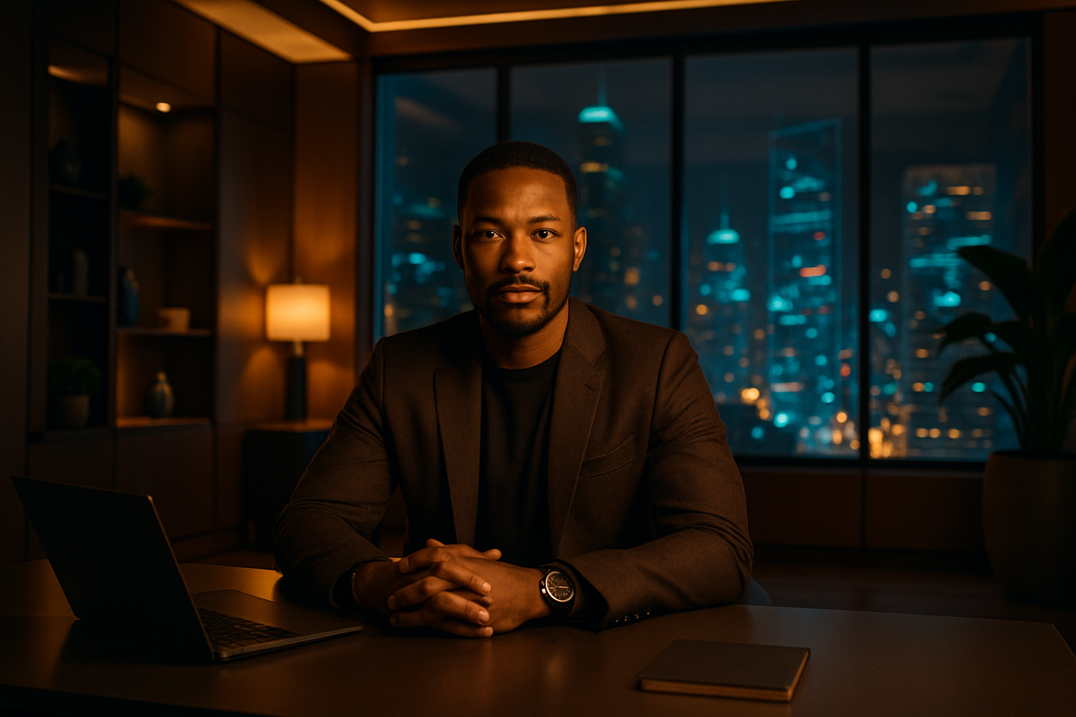 photographic In a modern futuristic office space a man sits at a sleek minimalist desk exuding confidence as he gazes directly into the camera The war-1
