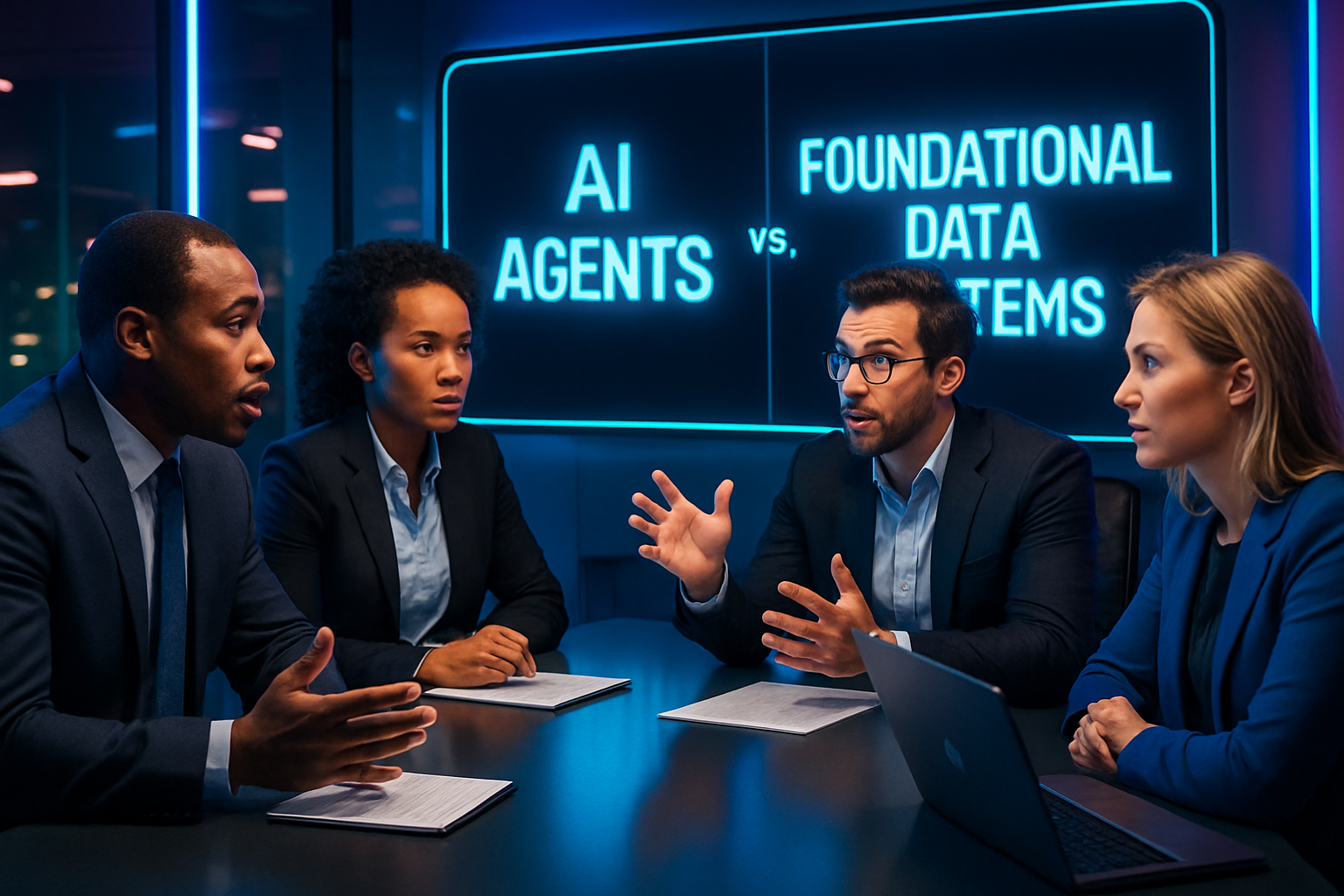 photographic In a vibrant and futuristic boardroom a group of dynamic revenue leaders engages in an intense discussion about the strategic importance