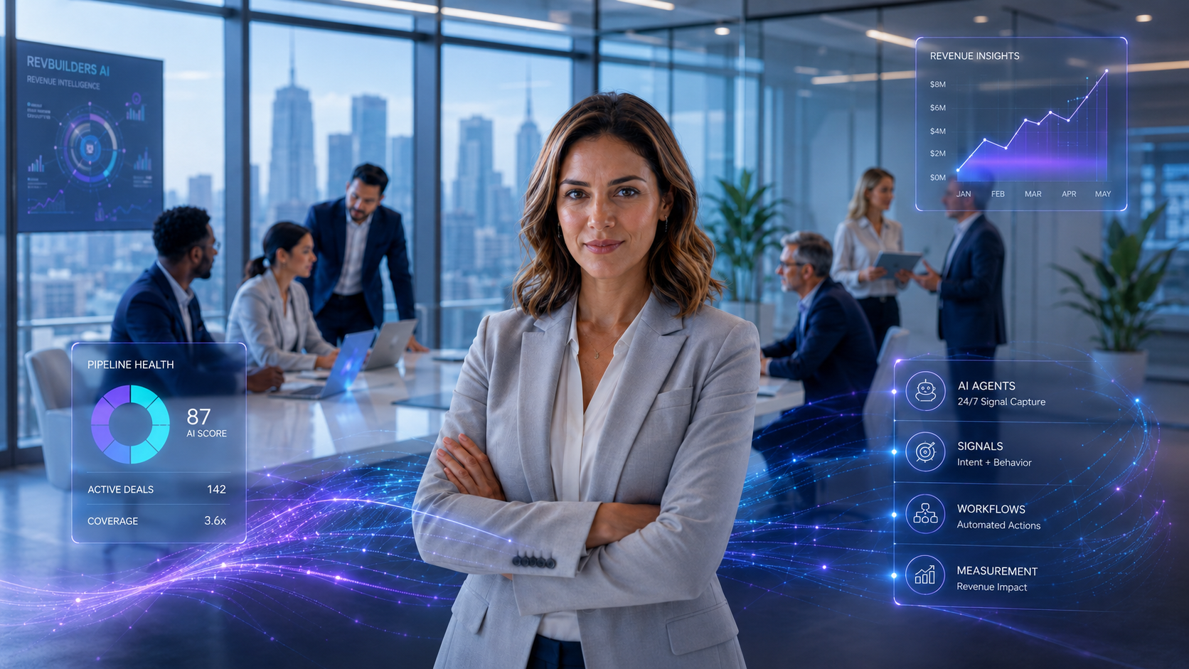 Confident revenue leader with team collaborating in a modern AI-enabled office