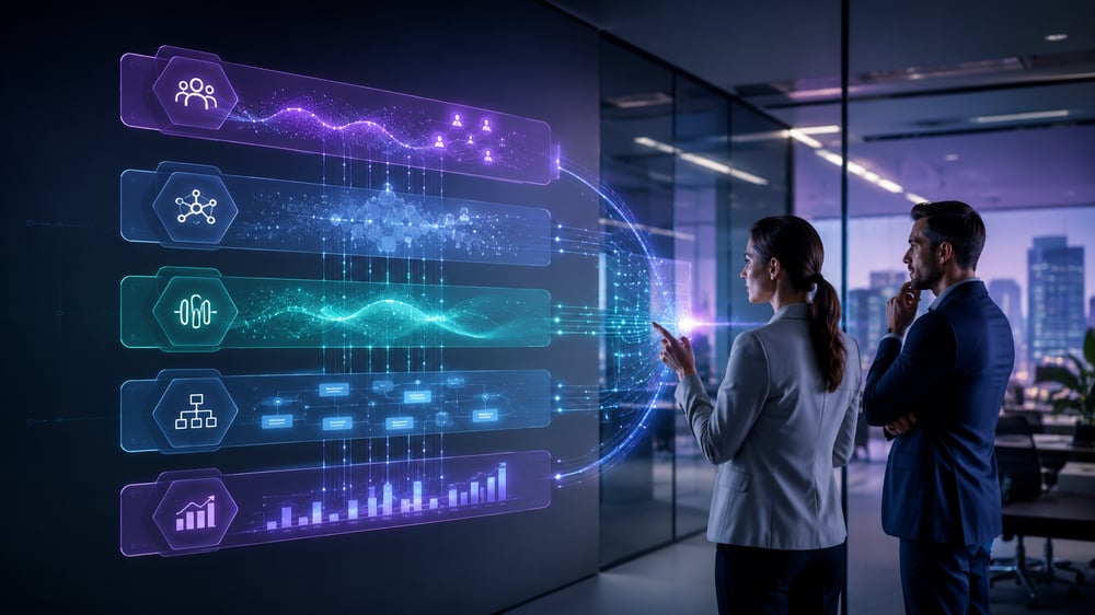 Executives reviewing the connected operating layers of a human-agentic GTM model.