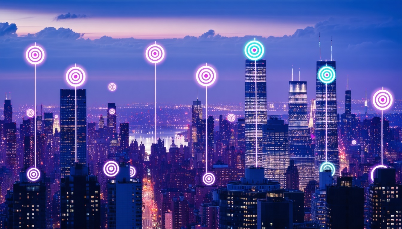 Photorealistic of a future city at twilight with bullseye targets across the skyscraper landscape Use the colors purple light blue and teal for hues or accents