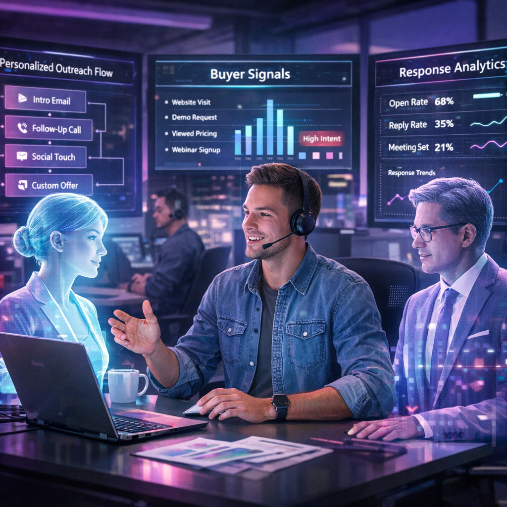 Photorealistic modern sales floor with a human SDR collaborating with holographic AI assistants and outreach dashboards in purple, cyan, teal, black, and white.