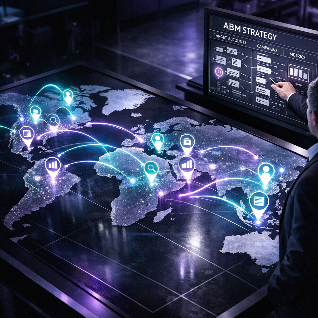 Photorealistic aerial view of a digital world map in a dark room with highlighted B2B target accounts connected by glowing signal lines and intent data icons in purple, cyan, teal, black, and white.